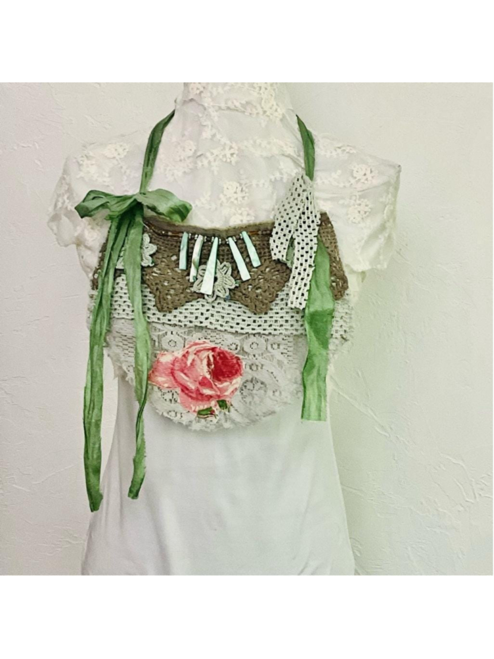 Handcrafted Lace Rose Mother of Pearl Bib Necklace Green Ribbon